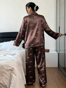Napfluff CURVE Napfluff CURVE Bowknot Striped Faux Silk Lapel Plus Size Women's Pajama Set - Coffee Brown - View 2