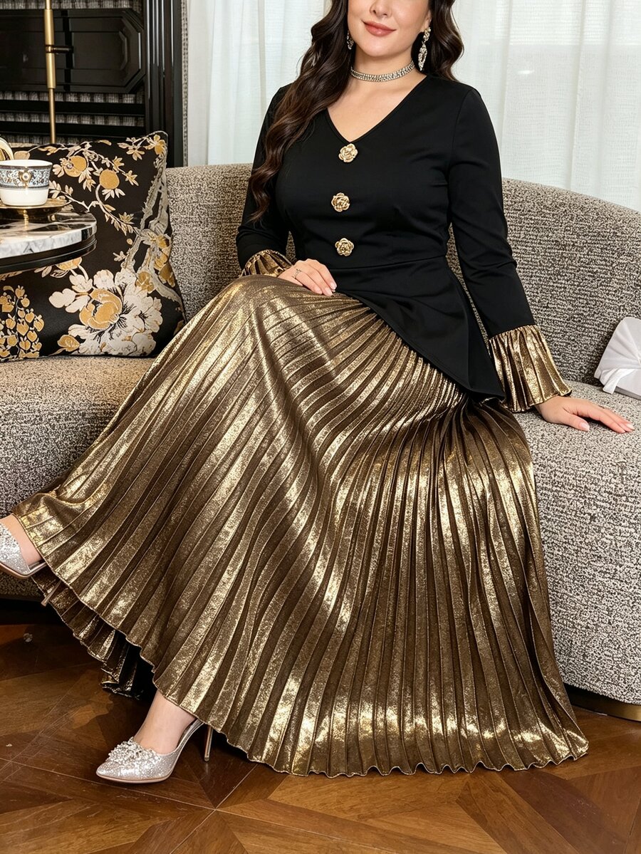 Modelyn Black Top With Gold Skirt, Elastic Waist, Versatile Fashionable Elegant Luxury Plus Size 2 Pieces Set - Black - View 1