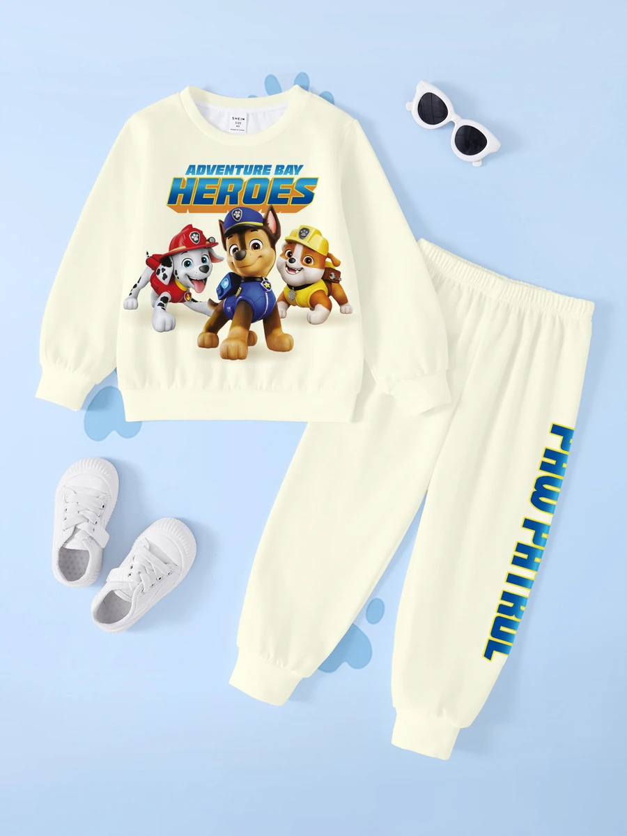 SHEIN | PAW Patrol 小男孩字母卡通印花長袖運動衫與長褲套裝 - 白色 - 查看 1