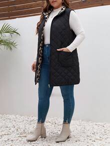 Lounesse Jaket Musim Dingin Tanpa Lengan Kasual Wanita Ukuran Besar Motif Leopard dengan Lapisan Dalam dan Resleting Depan, Mantel Kasual untuk Harian Wanita, Mantel Kerja Kasual Musim Gugur/Musim Dingin - Hitam - View 5