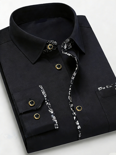 DAZY Men's Woven Black Shirt Long Sleeve, Contrast Floral Trim, Chest Pocket & Golden Buttons, Elegant Business Style, Slim Fit Spring Autumn Shirt