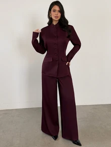 Firerie Women's Solid Color Long Sleeve Jacket And Pants Casual Commute Suit Set - Red Violet - View 4