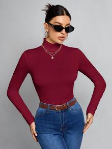 SHEIN Tall Simple Solid Color Slim High Collar White Top Suitable For Autumn And Winter - Burgundy - View 9