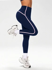 Dewbera Dewbera 女款秋季運動緊身褲，海軍藍修身 9/10 長度，對比色拼接滾邊，中腰，休閒寬鬆，健身房適用 - 藏蓝色 - 查看 3