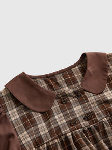 ROMWE Kawaii Autumn/Winter Retro Cute Versatile Plaid A-Line Peter Pan Collar Doll Hem Flattering Slimming Women's Blouse - Coffee Brown - View 3