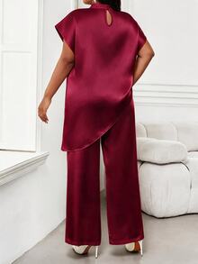 SHEIN Lady Plus Size Women Floral Print Stand Collar Asymmetrical Hem Elegant Blouse - Burgundy - View 2
