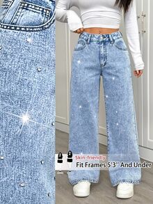 SHEIN PETITE CURVE Celana Jeans Denim Ukuran Besar dengan Saku, Kancing, dan Resleting untuk Musim Gugur/Dingin (Format, Bisnis, Chic, Basic, Goth, Halloween, Natal, Festival) PETITE CURVE Payet dan Rhinestone - Biru - View 1