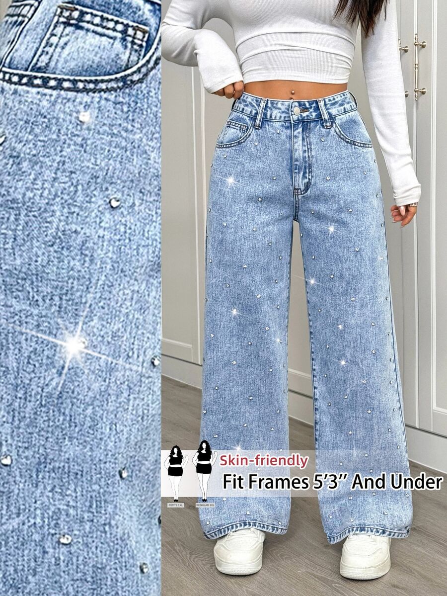 SHEIN PETITE CURVE Celana Jeans Denim Ukuran Besar dengan Saku, Kancing, dan Resleting untuk Musim Gugur/Dingin (Format, Bisnis, Chic, Basic, Goth, Halloween, Natal, Festival) PETITE CURVE Payet dan Rhinestone - Biru - View 1