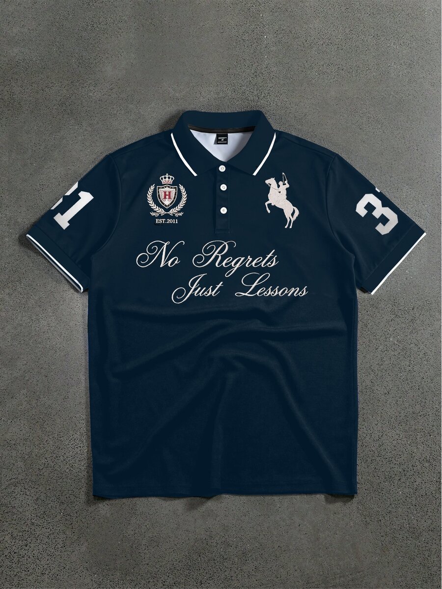 STYNVO Men's Letter Print Polo Shirt - Navy Blue - View 1