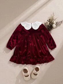 Baby Girl Bowknot Jacquard Velvet Peter Pan Collar Waist Cinched Pleated Ruffle Thick Dress Suitable For Winter And Christmas - Burgundy - View 2