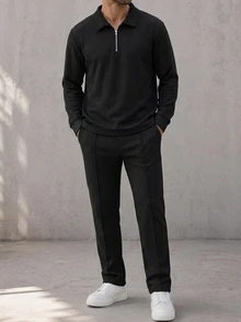 DAZY 男士春秋黑色華夫格面料微鬆版型拉鍊半開領 Polo 領 T 恤搭配彈性腰細腿長褲 2 件套 - 黑色 - 查看 1