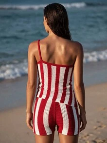 Swim Chiccia Women's Casual Vacation Asymmetrical Neckline Hollow Out Split Cover-Up - Red - View 2