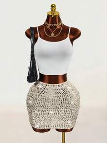 Mistrie Women's High Waist Sequin Skirt - Apricot - View 7