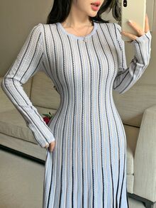 Feyla Women's Round Neck Long Sleeve Cinched Waist Striped Sweater Dress - Multicolor - View 4