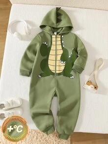 SHEIN Young Boy Casual Comfortable Cute Style Cartoon Dinosaur Design Loose Knit Soft Hooded Long Sleeve Zip-Up Jumpsuit All-Match Versatile Suitable For Home And Outings - Green - View 1