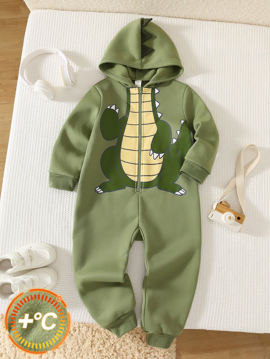 SHEIN Young Boy Casual Comfortable Cute Style Cartoon Dinosaur Design Loose Knit Soft Hooded Long Sleeve Zip-Up Jumpsuit All-Match Versatile Suitable For Home And Outings - Green - View 1