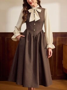 Vintamour Women's Fashion 2in1 Pleated Bow Design Long Dress - Brown - View 3