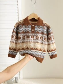 SHEIN Young Boy Collared Long Kids Sleeve Patterned Autumn Sweater - Multicolor - View 6