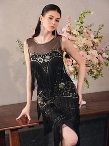 Anewsta Affair Women's Mesh Patchwork Sequin Fashion Cocktail Party Dress - Black - View 4