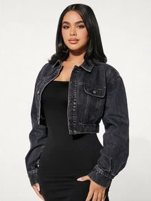 SHEIN SXY 女款時尚短版鈕扣設計牛仔夾克 - 深灰色 - 查看 2