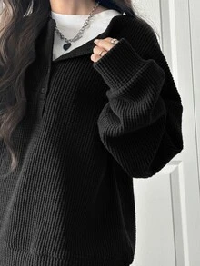 FRIFUL 女款純色圓領前開鈕扣落肩長袖寬鬆休閒套頭運動衫，秋冬款 - 黑色 - 查看 4