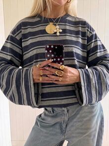 SHEIN EZwear 女款休閒街頭風長袖條紋T恤，秋季上衣，適合日常通勤、日常外出、聖誕節、新年，藍白條紋 - 彩色 - 查看 1