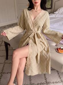 DAZY 夏秋款女式寬鬆蕾絲拼接格紋長款睡裙 - 杏色 - 查看 5