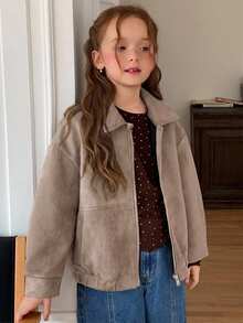 Hapijoa 休閒寬鬆領口夾克 秋季加厚 青少年女孩領口棕色麂皮夾克 - 卡其色 - 查看 5