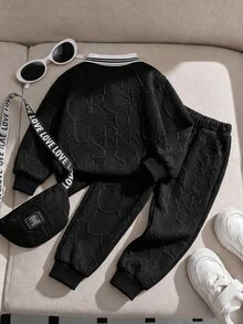 SHEIN 男嬰童休閒紋理布料字母圖案領口長袖衛衣，舒適時尚簡約實用百搭柔軟，秋季校園款 - 黑色 - 查看 2