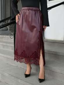 Vionelle Plus Size Vintage Sweet Romantic Lady Daily Versatile Women's Semi-Faux Leather Split Lace Patchwork Bodycon Dress - Burgundy - View 4