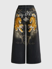 ROMWE Grunge Punk Celana Jeans Denim Ukuran Besar Model Longgar Super Longgar dengan Motif Harimau Bordir Motif Gelap Gaya Punk Vintage yang Usang - Dark Grey - View 1
