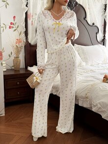 CottageSlumber Women's Colorblock Lace Patchwork Cherry Print Long Sleeve Pajama Set With Long Pants - White - View 4