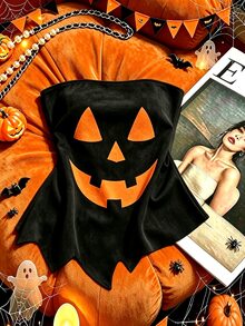 Top tubo sin tirantes con gráfico de calabaza Jack O Lantern de Halloween para mujer, top bandeau con dobladillo asimétrico, top corto sexy para fiesta de otoño de temporada e - Negro - Ver 1