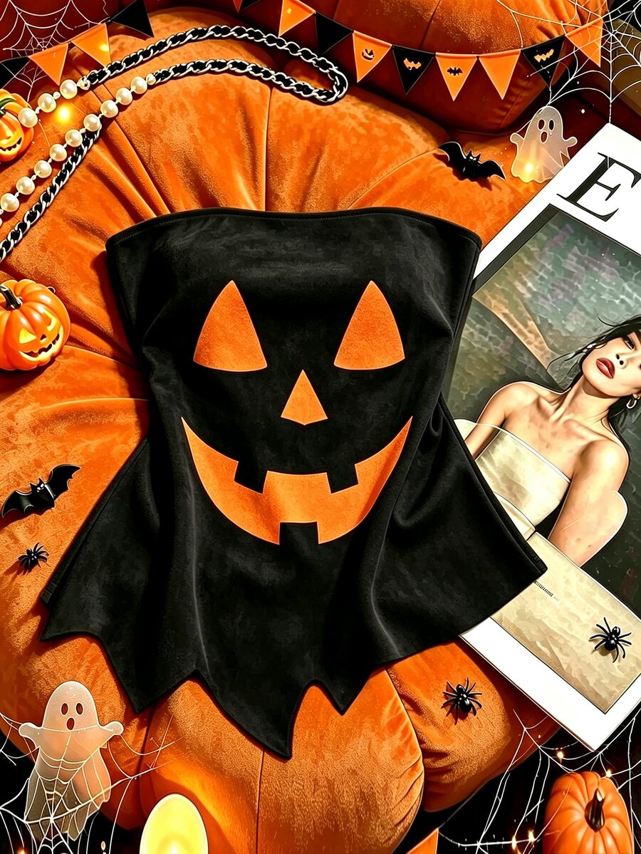 Top tubo sin tirantes con gráfico de calabaza Jack O Lantern de Halloween para mujer, top bandeau con dobladillo asimétrico, top corto sexy para fiesta de otoño de temporada e - Negro - Ver 1