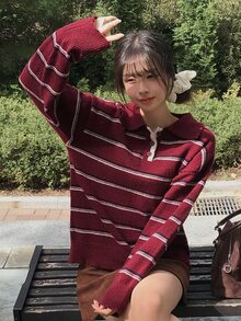 DAZY Women's Colorblock Striped Loose Fit Lapel Long Sleeve Casual Street Vacation Spring Autumn Winter Pullover Knit Sweater - Red - View 5