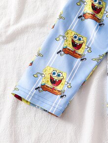 SpongeBob SquarePants | SHEIN 小男孩休閒卡通條紋印花長袖上衣與長褲睡衣套裝 - 彩色 - 查看 5