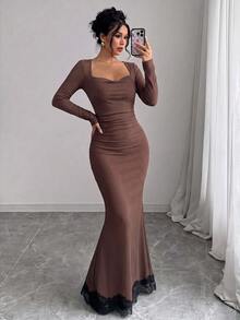 SHEIN Elenzya Gaun Wanita Polos Tanpa Punggung, Model Lengan Panjang Pas Badan - Aprikot - View 6