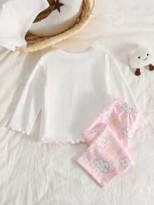 Baby Girl Round Neck Contrast Color Frill Trim Cloud & Star Print Ribbed Top With Ribbed Matching Print Pants Loungewear Set - Multicolor - View 2