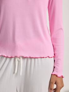 Ocili Comfortable Ribbed Rayon Contrast Color Scalloped Hem Women's Loungewear Top - Pink - View 5