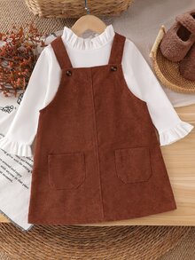 Young Girls Pocket Decor Short Pinafore Dress - Brown - View 3