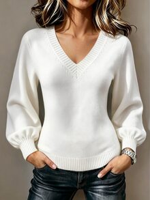 Trelyra V-Neck Long Sleeve Lantern Sleeve Solid Color Sweater - White - View 4