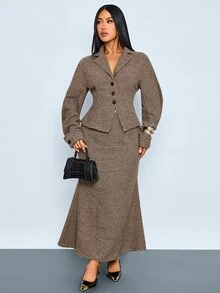 SOLERSUN Women's Elegant Turndown Collar Long Sleeve Button Waisted Retro Plaid Blazer,Back To School Old Money Style,Modest 90s In Fall/Winter,Commuter Jacket - Brown - View 7