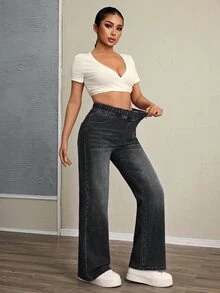 Selenza Plus Size Women's Elastic Waist Casual Daily Wear Denim Jeans - Black - View 7