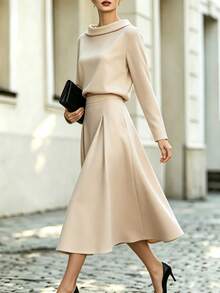 SHEIN 2 Pieces Shirt & Skirt Set, Elegant Office Fashion Shirt Paired With High-Waist Flared Skirt, Showcasing Business Style, Suitable For Commuting, Office, Daily Wear, Apricot Color - Apricot - View 3