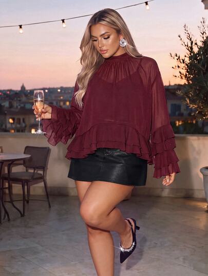 Auralis Plus Size Women's Burgundy Loose Fashion Ruffle Hem Simple Daily Vacation Outfit Blouse Top