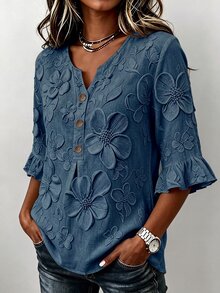 SHEIN Women's Fashion 3D Printed Decorative Button Ruffle Cuff Blouse - Blue - View 4