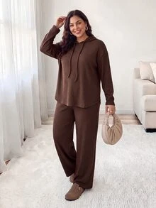 Shapeblank Women's Plus-Size Brown Two Pieces Set: Stylish, Casual Lounge Baggy, Loose-Fit, Stretchy, Warm, Comfortable Hoodie Pants Summer Thanksgiving Formal - Brown - View 4