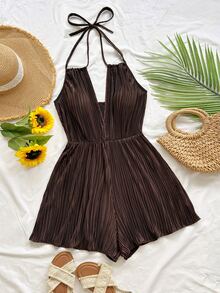 Soleia Plus Size Women's Brown Toothpick Pleated Print V-Neck Halter Back Tie Open Back Cinched Waist Voluminous Wide Leg Romper - Multicolor - View 4