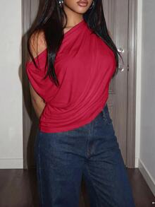 Slaydiva Slightly V-Neck Batwing Sleeve Sleeveless Shoulder-Slit Lo - Red - View 7