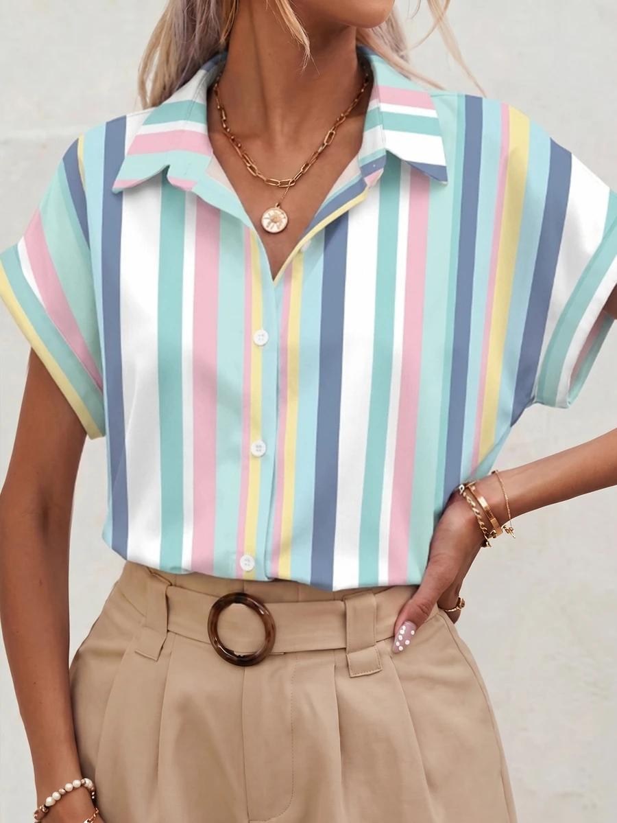 SHEIN Frenchy 女款夏季條紋單排扣短袖時尚襯衫 - 彩色 - 查看 1